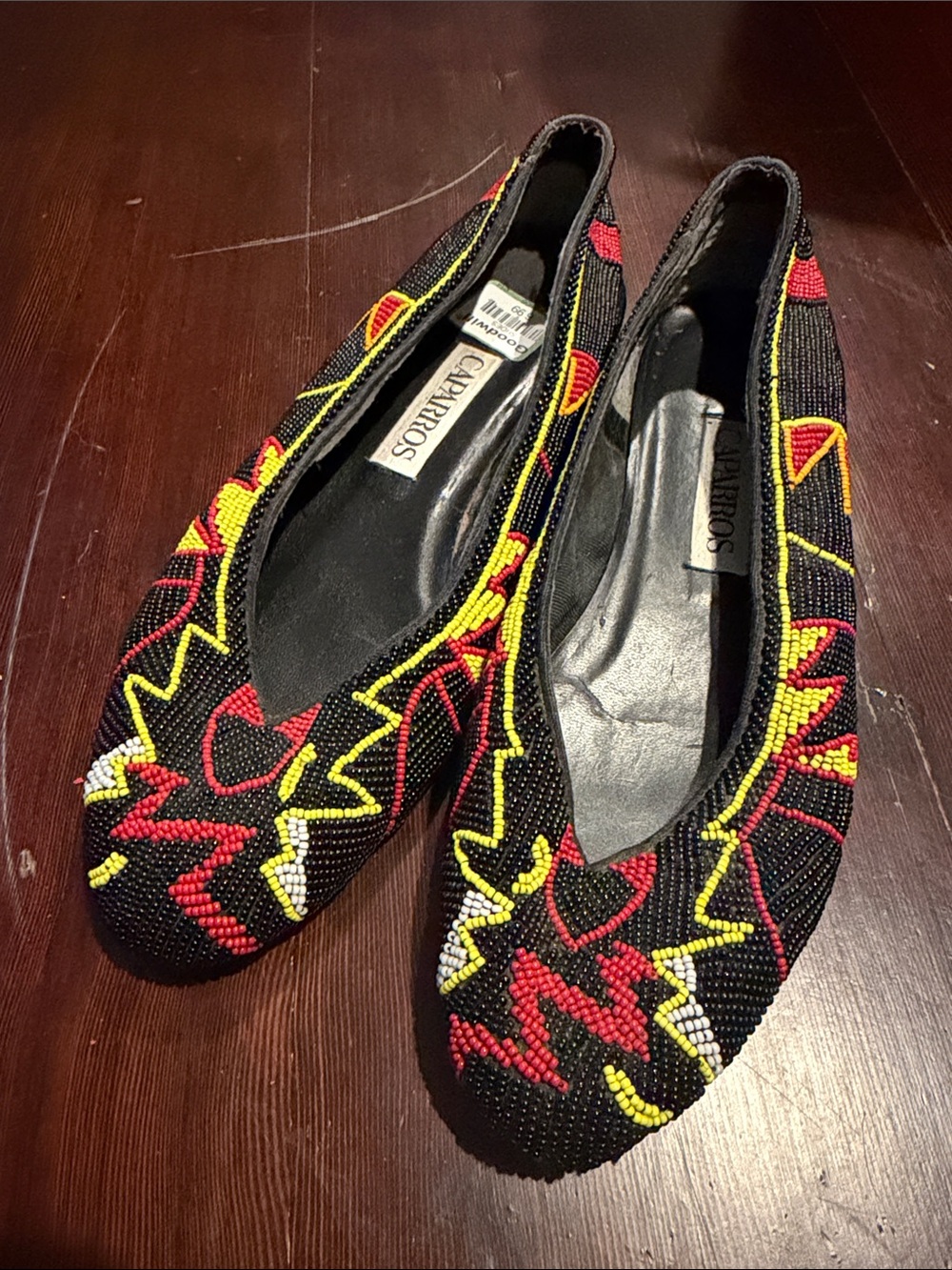 VINTAGE Caparros, Black Beaded Pointed-Toe Flats, Sz 8.5